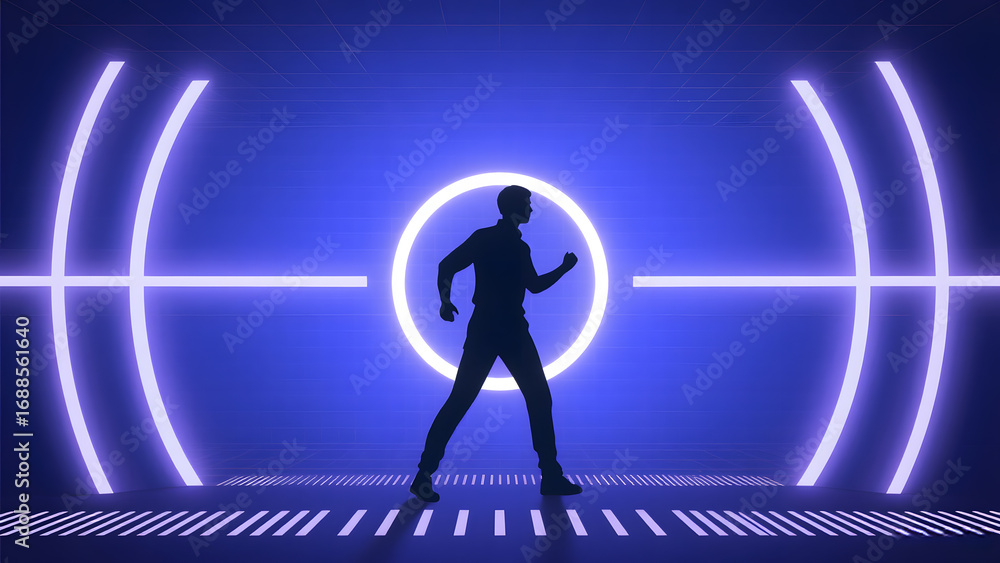Poster silhouette of a person walking through a futuristic, neon-lit corridor with circular and linear ligh
