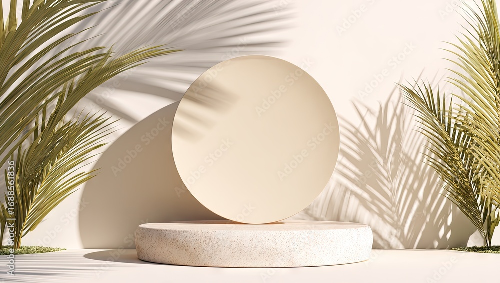 Poster a minimalist beige circular display platform sits on a stone base, flanked by palm fronds casting sh