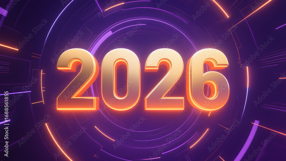 Poster illuminated '2026' text with futuristic circular design