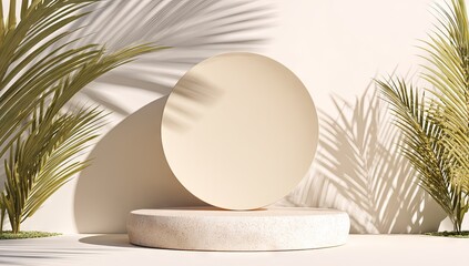 Fototapeta premium A minimalist beige circular display platform sits on a stone base, flanked by palm fronds casting shadows on a pale backdrop