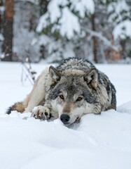 Fototapeta premium Gray wolf resting in snowy forest landscape