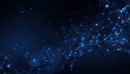Fototapeta premium Abstract network graphic, dark blue background, glowing points and lines. Complex web-like structure, subtle light particles