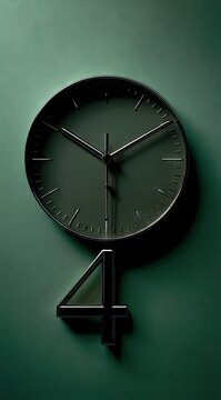 A minimalist black circular clock with a dark green face, showing the time, hangs against a deep green background. A large, stylized black number four is affixed beneath it