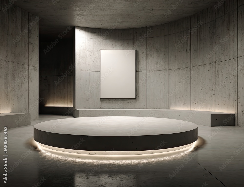 Poster a minimalist, circular platform with subtle lighting sits in a concrete room, featuring a blank canv