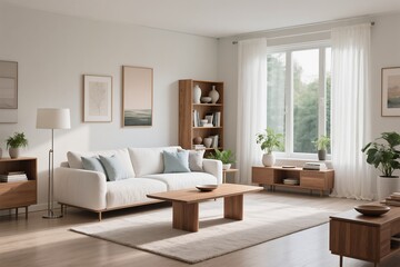 Fototapeta premium A stylish and serene living room that features a light and airy aesthetic, making it perfect for contemporary interiors