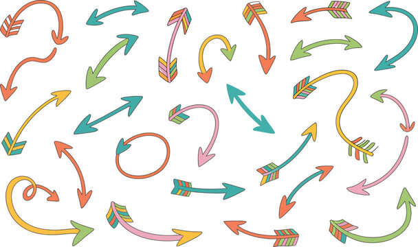 Vibrant and colorful collection of hand-drawn doodle arrows. This whimsical set of various curved, straight, and looping pointers indicates direction easily. 