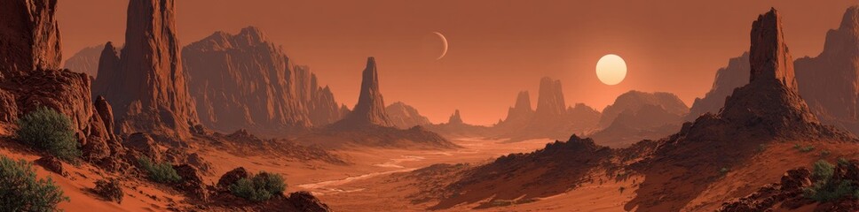 Naklejka premium Red planet landscape with towering rock formations, a crescent moon, and a large sun
