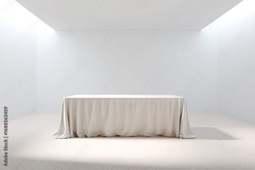 Aufkleber a minimalist digital rendering of a rectangular table draped in off-white fabric, centrally position