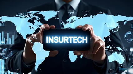 Businessman Holding Smartphone Displaying Insurtech Against World Map Graphic - Powered by Adobe