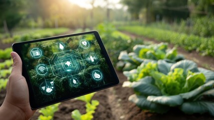 Tablet screen showing icons of smart agriculture technology, pest control, water management, crop health monitoring, with fresh vegetable garden in the background, natural sunlight.
