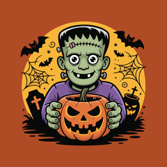 Frankenstein with Pumpkin Halloween Night