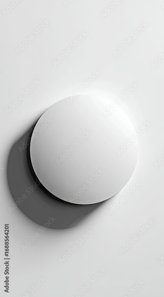 Poster a minimalist image of a large, matte white disc casting a soft shadow on a plain white background. t