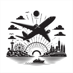 An evocative black and white illustration of an airplane in flight over a composite city with landmarks and a sunrise, symbolizing travel and adventure