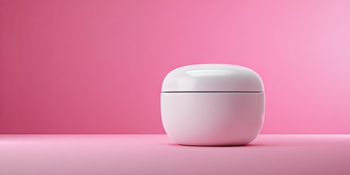 A minimalist image of a white cosmetic jar on a pink surface against a pink background