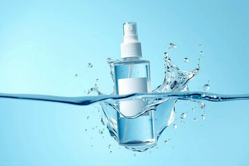 High-quality cosmetic spray packaging mockup, showcasing transparency, freshness, and sleek branding in aqua gradient background.