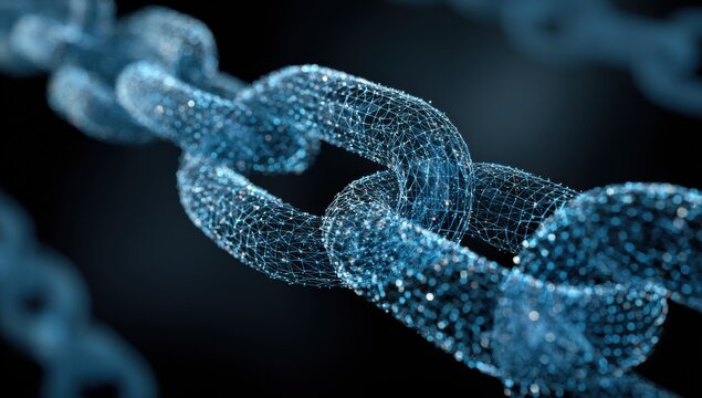 Abstract digital chain link.  A chain link formed of interconnected, translucent, light-blue polygons, appearing as a network or data stream.  Focus on the central section, dark background