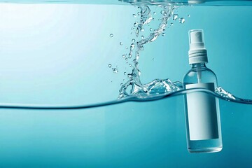Premium 50ml transparent cosmetic spray bottle submerged in clear water, highlighting purity and freshness in a clean commercial style.