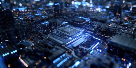 High-tech city circuit board, intricate network of glowing components