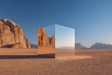 Reflective cube in desert landscape (2)