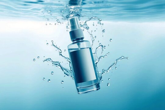 Premium 50ml transparent cosmetic spray bottle submerged in clear water, highlighting purity and freshness in a clean commercial style.