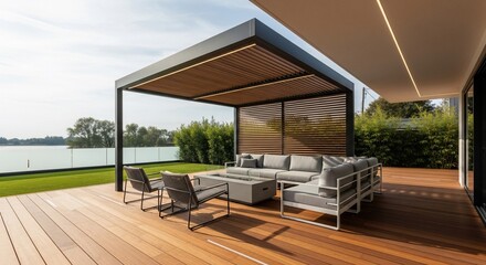 Obraz premium Luxurious modern patio with a pergola, comfortable seating, and a fire pit overlooking a serene lake.