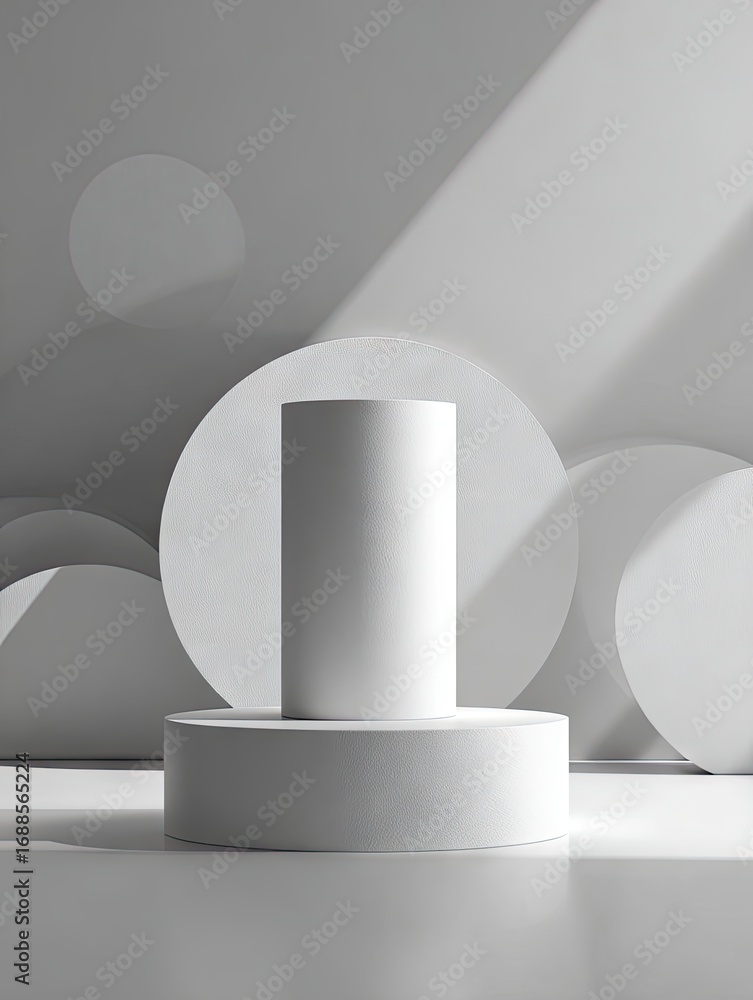 Poster a minimalist, monochromatic scene features a white cylindrical display stand atop a larger, circular