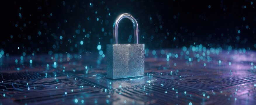 The Sparkling Padlock on a Digital Circuit Board in a Futuristic Setting