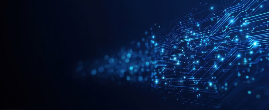 Abstract digital circuit design. Blue glowing circuit board lines and points, light trails