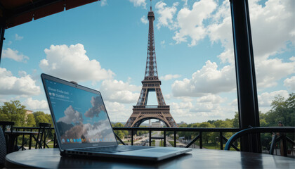 Eiffel Tower view with open laptop on caf&eacute; table.