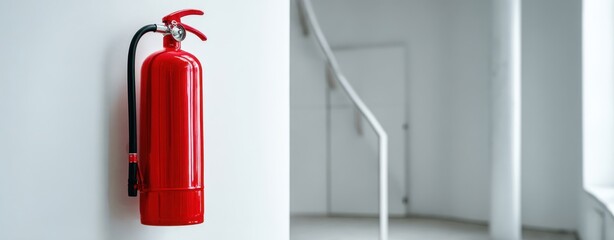 Fototapeta premium The fire extinguisher on a white wall in a modern minimal interior corridor