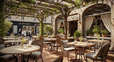 Outdoor cafe with tables and chairs, surrounded by lush greenery and a charming ambiance.