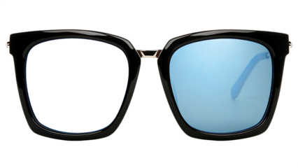 Oversized square sunglasses with frames and blue lenses isolated on a transparent background