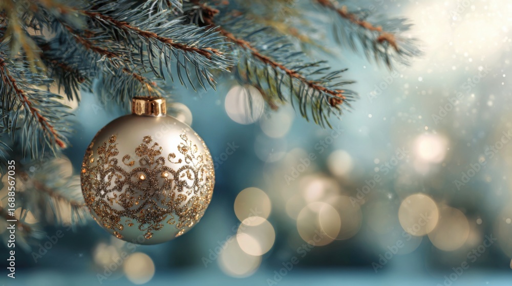 Poster decorative ornament with golden patterns hangs gracefully from a pine tree branch, surrounded by sof