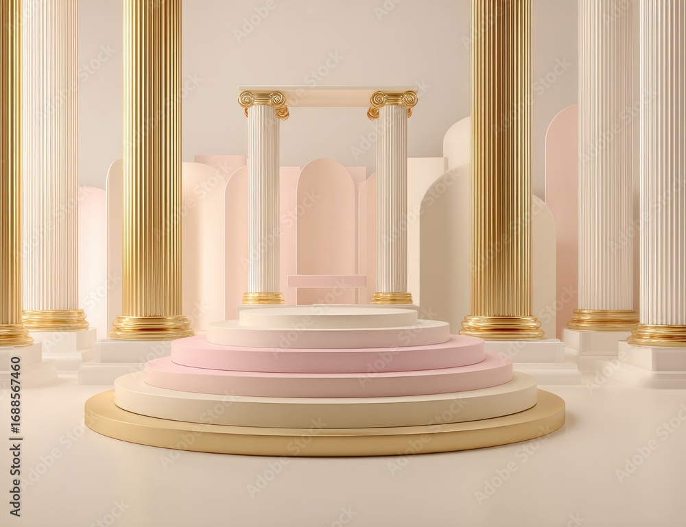 Poster a minimalist rendering of a tiered platform with classical columns and arches in soft pinks, creams,