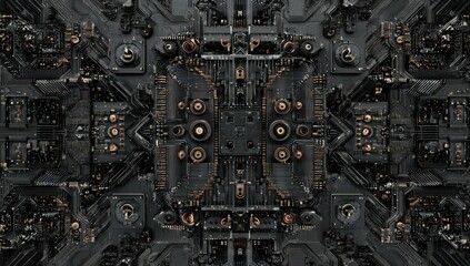 Intricate, symmetrical, dark-toned circuit board design.  A complex, geometric, and detailed pattern of interconnected components in black and copper tones