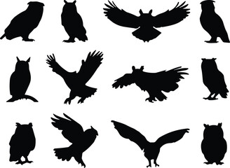 Owl bird silhouette set, flying owl, sitting owl, wildlife illustration, animal vector design, cad drawing flat vector illustration