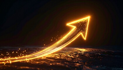 Neon-blue upward arrow with digital streaks on dark background, symbolizing tech growth and futuristic progress.