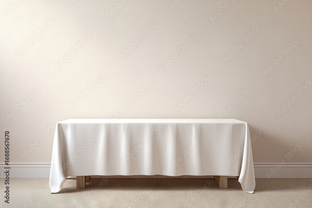 Poster a minimalist room features a long, rectangular table draped with a pristine white tablecloth, set ag