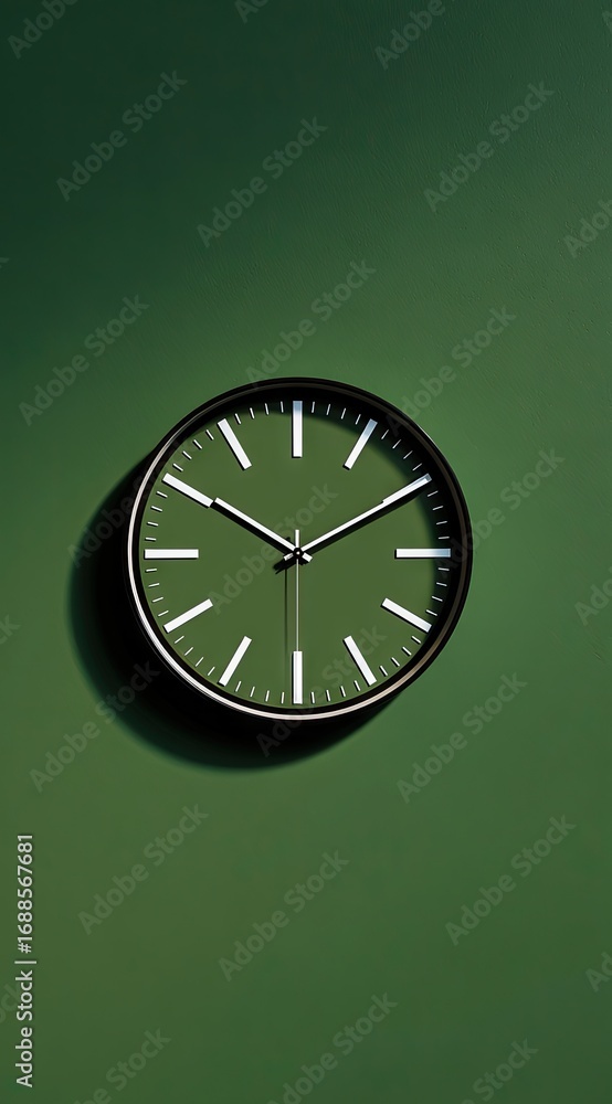 Poster a minimalist round clock with a dark frame and a matching green face hangs against a deep green wall