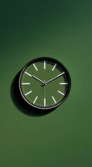 A minimalist round clock with a dark frame and a matching green face hangs against a deep green wall, subtly illuminated