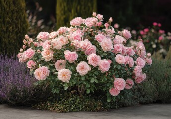 Lush cluster of pale pink roses in a garden bed