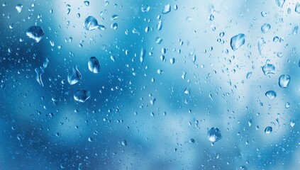Water droplets on a window, showing a blurred blue background