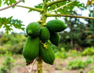 Green papayas on a tree