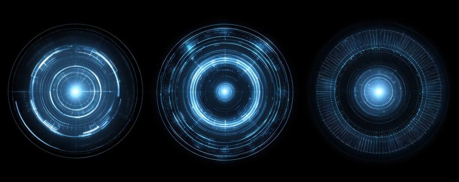 Three glowing circular interface displays, featuring concentric rings and a central light source