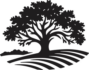 Tree silhouette illustration, nature landscape vector design, countryside field with tree artwork, rural farm scene graphic, CAD drawing flat vector illustration © Nur-Nobin Creations