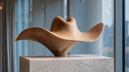 Wooden hat sculpture on marble pedestal