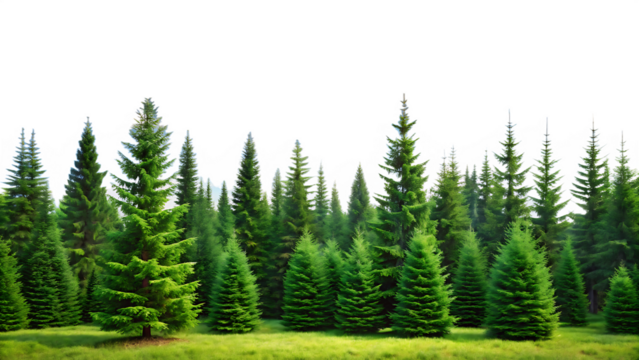 spruce tree forest landscape with sky isolated on white background ,PNG. AI Generated.