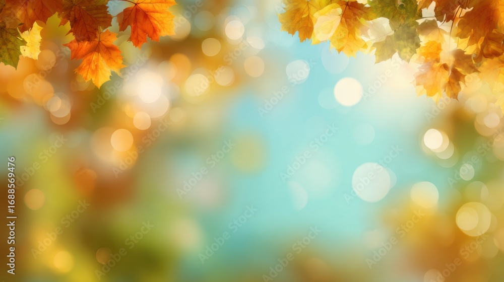 Poster vibrant orange and yellow leaves adorn the branches while soft bokeh lights create a serene atmosphe