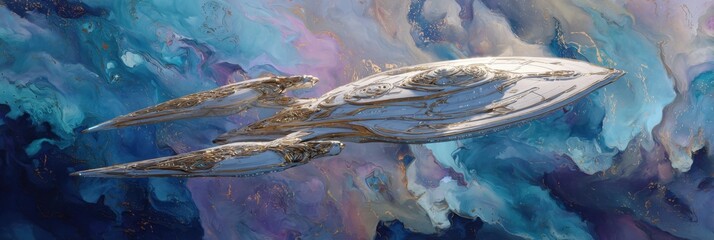 Abstract spaceship soaring through a vibrant, swirling nebula