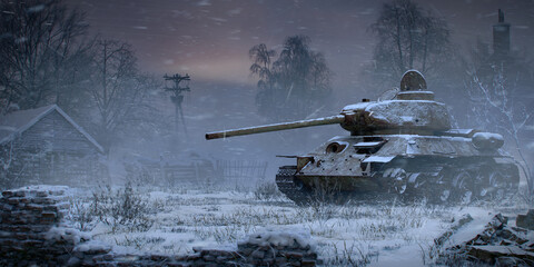 3d render of abandoned military tank T-34-85 stands in ruined village in snowy winter weather